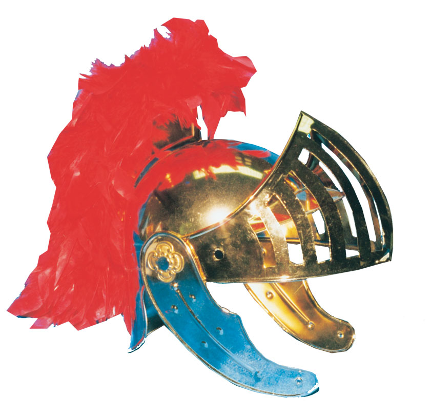 Casco de Romano V realizado en latón acabado en color oro y plumas rojas
